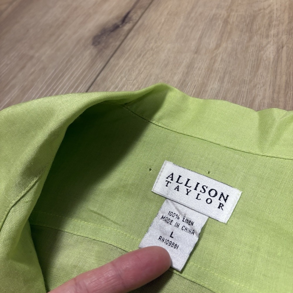 Allison Taylor Women's 100% Linen Button-Up Shirt Large Green Roll Tab‎ Solid - Picture 3 of 7
